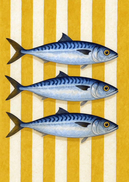 freigestelltes Sardinen Poster mit drei blauen Fischen auf gelb-weißen Streifen