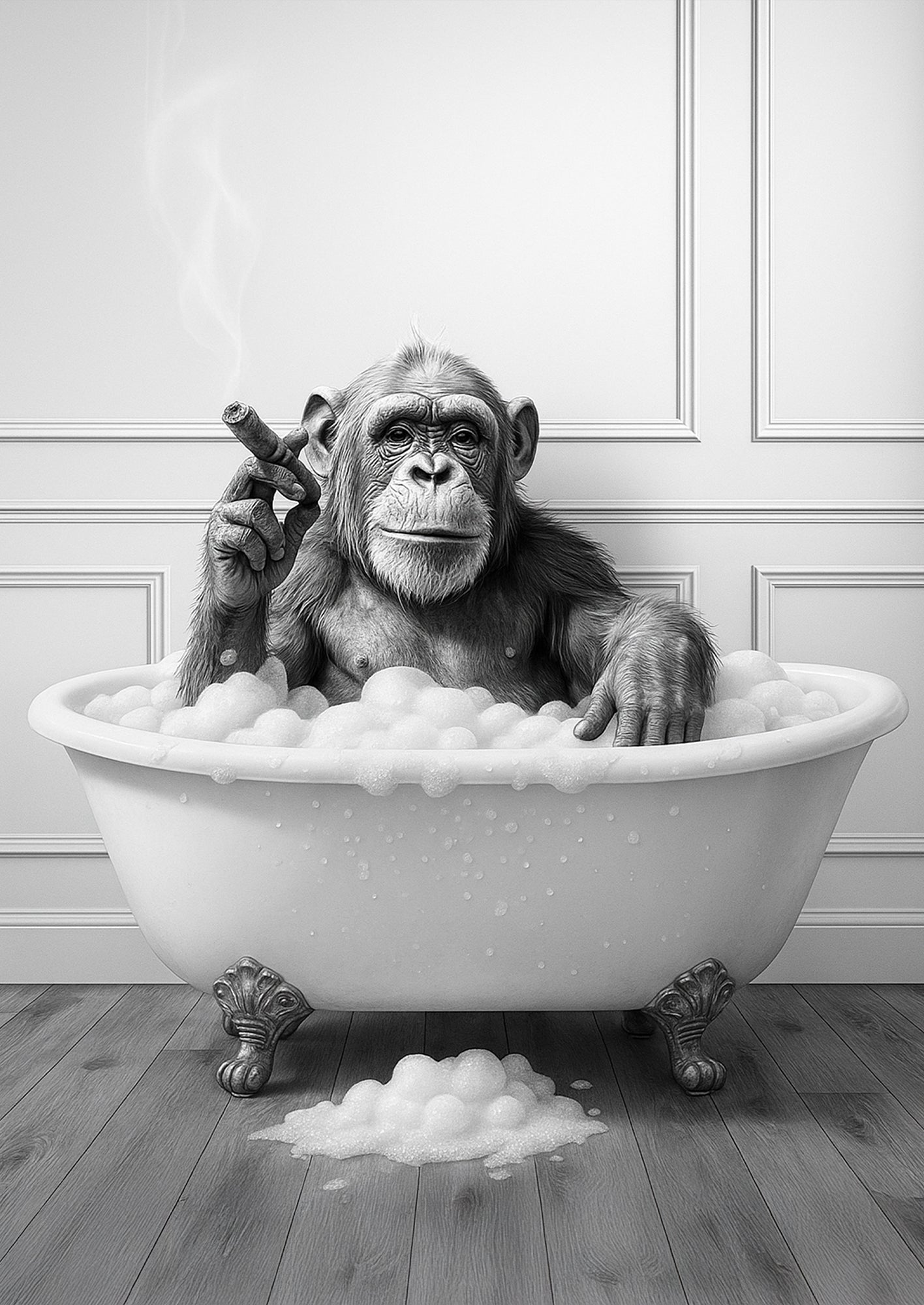 Freigestellte Illustration eines Affen, der entspannt in einer Badewanne sitzt und eine Zigarre raucht – lustiger Kunstdruck