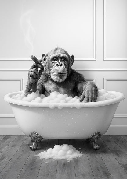 Freigestellte Illustration eines Affen, der entspannt in einer Badewanne sitzt und eine Zigarre raucht – lustiger Kunstdruck