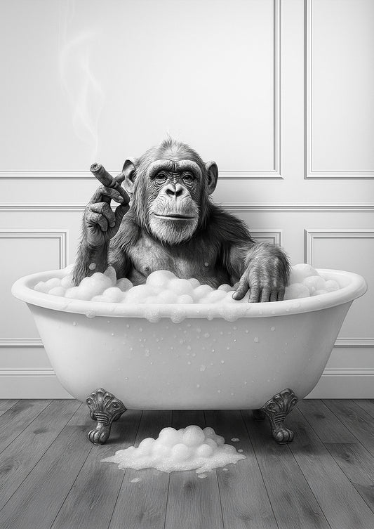 Freigestellte Illustration eines Affen, der entspannt in einer Badewanne sitzt und eine Zigarre raucht – lustiger Kunstdruck