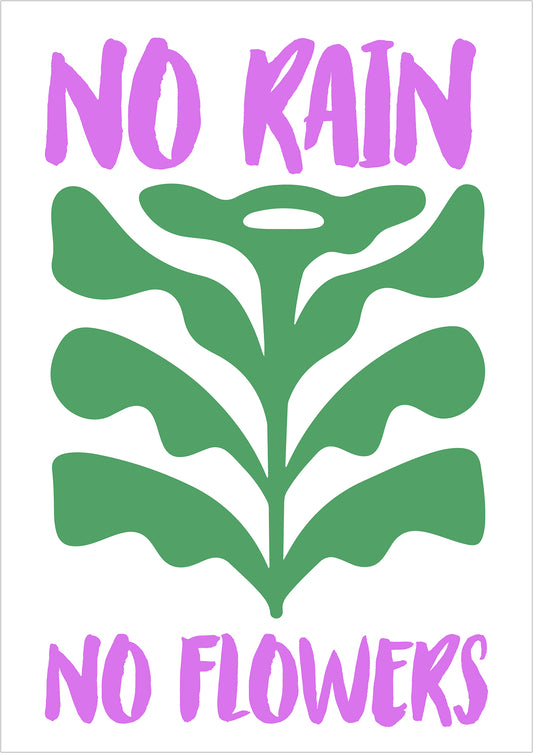 Kunstposter „No Rain No Flowers“, ohne Rahmen, freigestellt auf weißem Hintergrund.