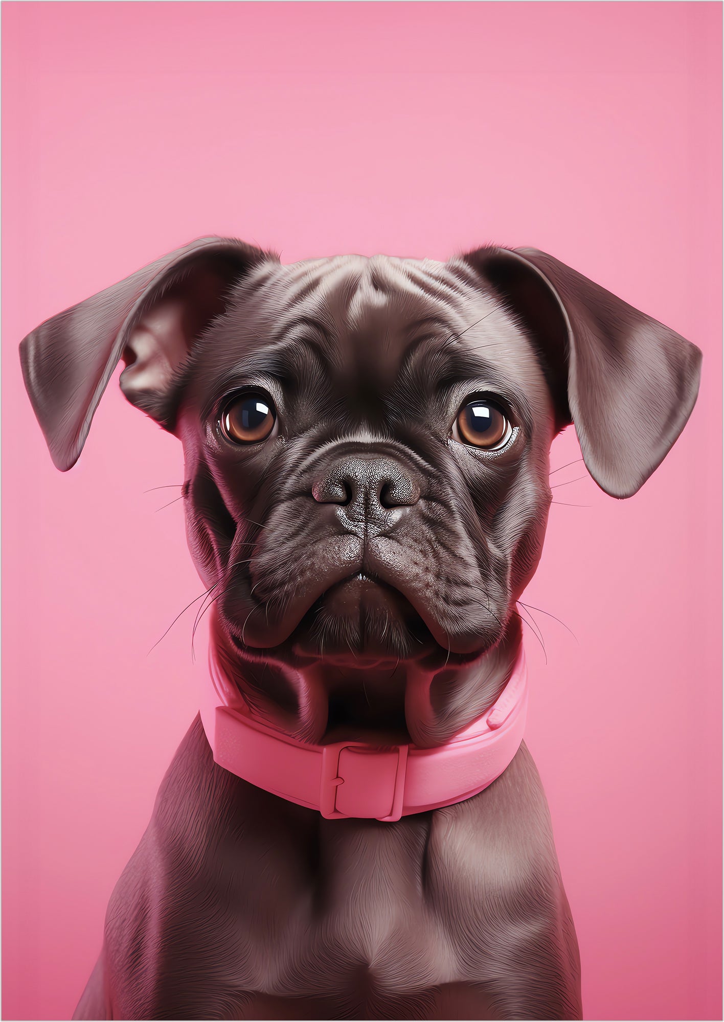 eine süße french bulldog sitzt aufmerksam vor einem rosa hintergrund und schaut mit neugierigem blick in die kamera