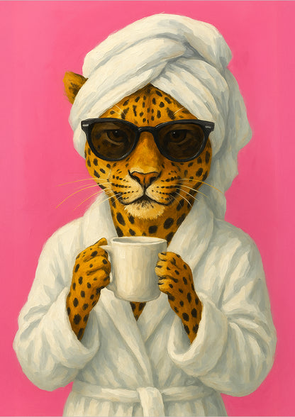 Leopard im weißen Bademantel mit Sonnenbrille und Turban hält eine Kaffeetasse vor pinkem Hintergrund, humorvolles Pop Art Poster