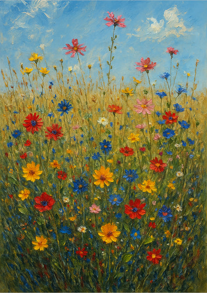 Freigestellte Ölmalerei einer bunten Blumenwiese unter blauem Himmel – farbenfrohes Natur Kunstposter


