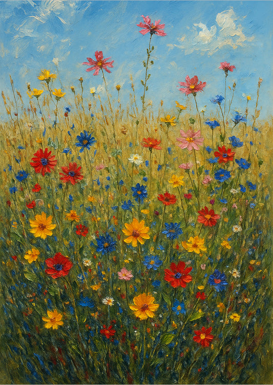 Freigestellte Ölmalerei einer bunten Blumenwiese unter blauem Himmel – farbenfrohes Natur Kunstposter

