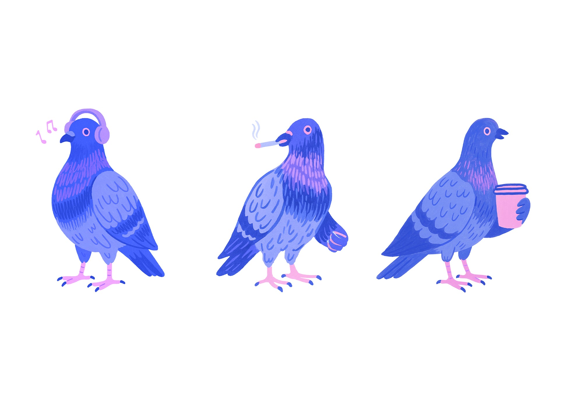 freigestelltes Poster mit drei urbanen Tauben auf weißem Hintergrund