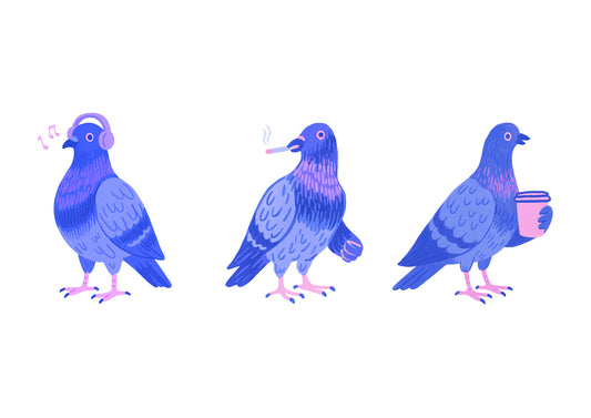 freigestelltes Poster mit drei urbanen Tauben auf weißem Hintergrund