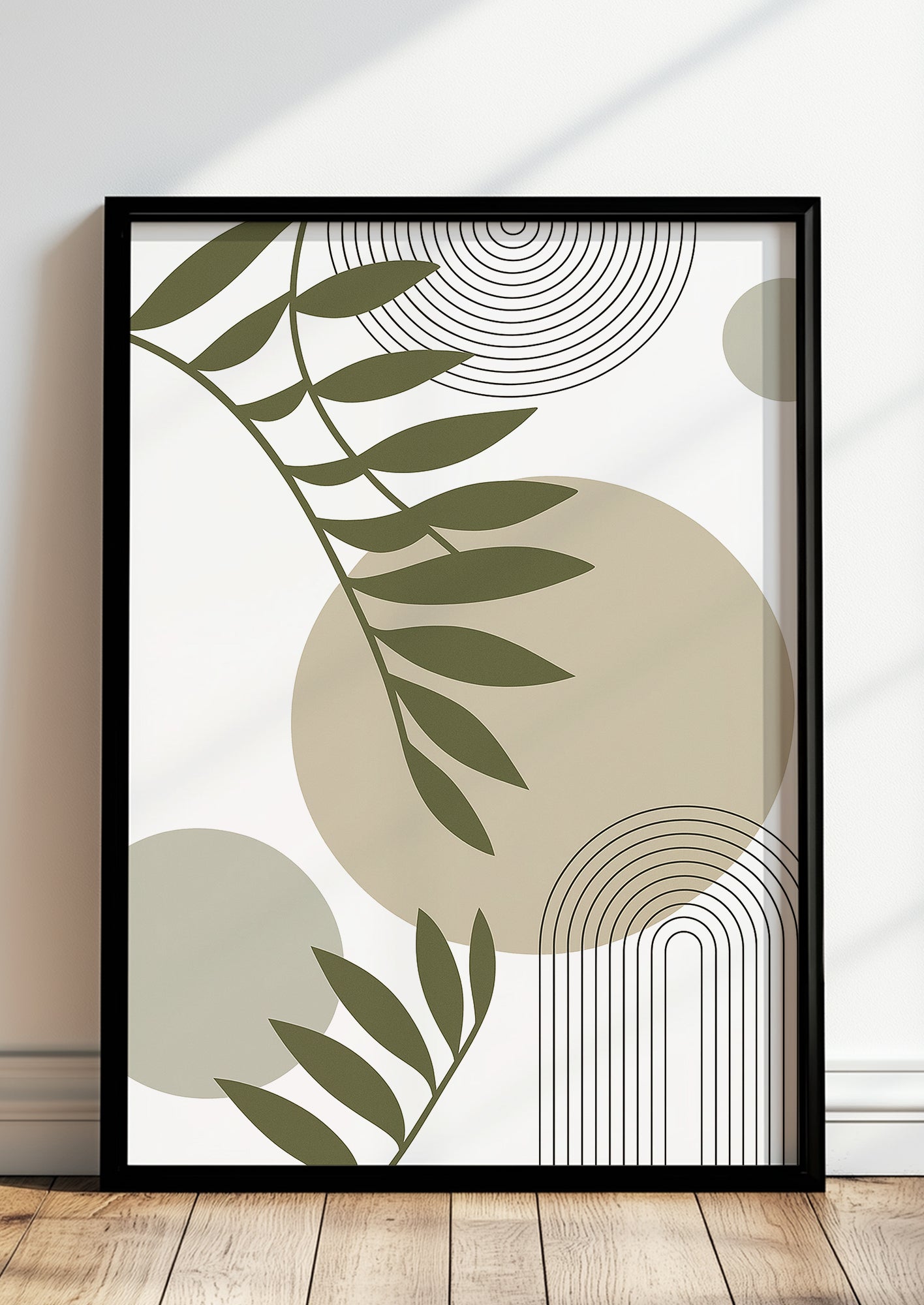 Gerahmtes Boho Poster mit botanischen Blättern, Linien & Kreisen in Naturfarben – stilvolle Wohnzimmer Deko