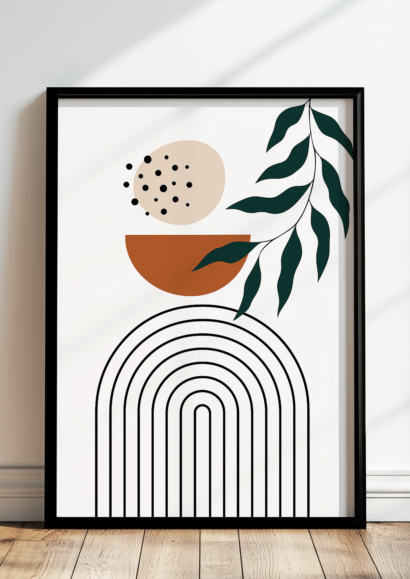 Gerahmtes Boho Kunstposter mit geometrischen Formen & botanischen Elementen in Naturfarben – Wohnzimmer Deko