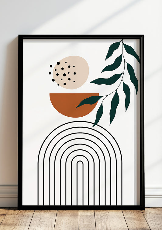 Gerahmtes Boho Kunstposter mit geometrischen Formen & botanischen Elementen in Naturfarben – Wohnzimmer Deko
