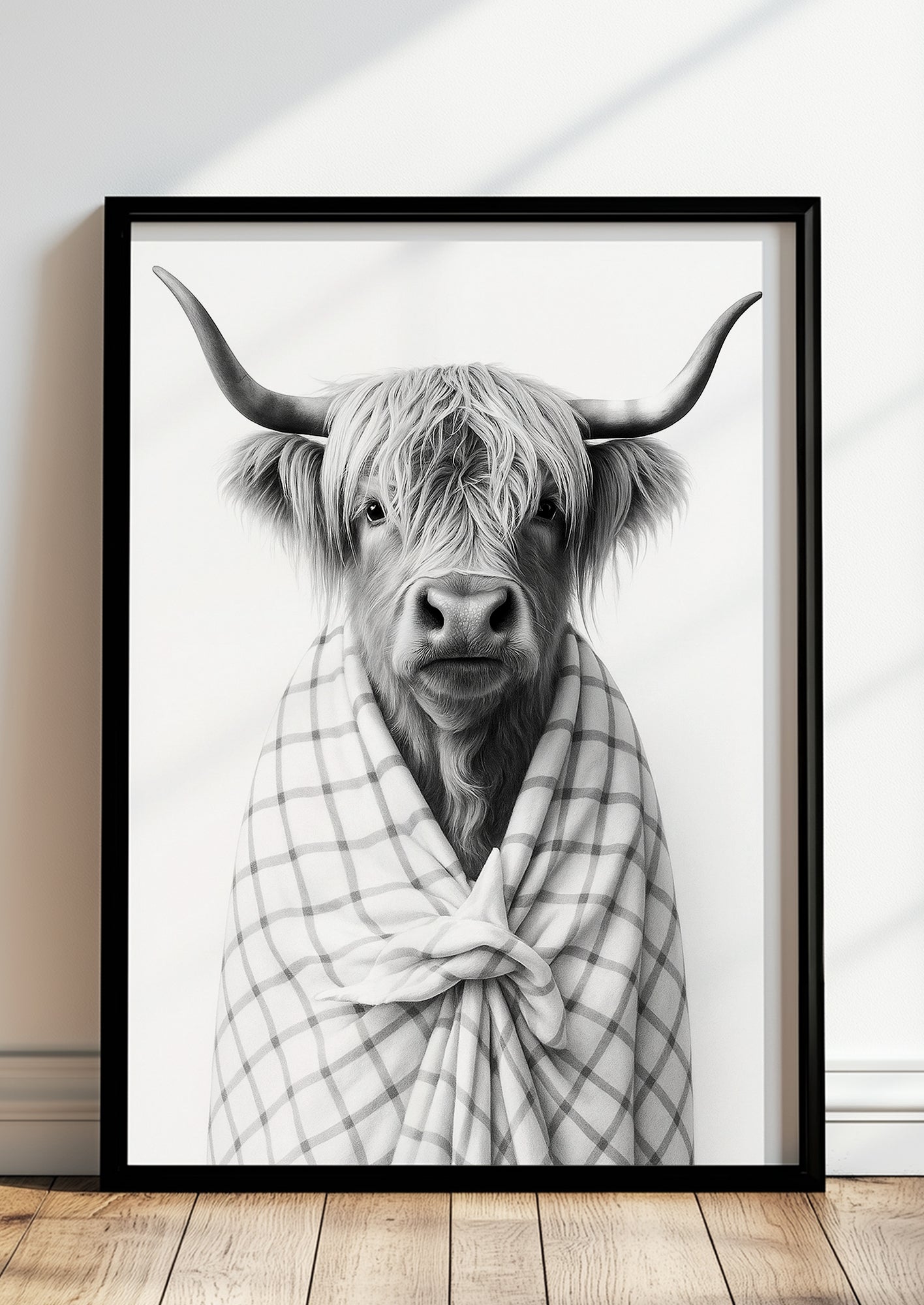 Gerahmtes Bild vom Hochlandrind mit Decke in moderner Wohnung