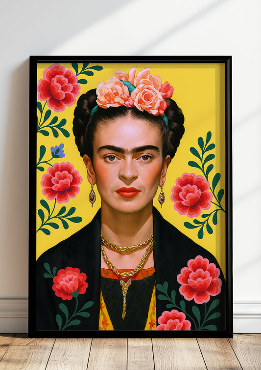 Gerahmtes Frida Kahlo Bild auf gelbem Hintergrund im Wohnzimmer, Boho Dekoration