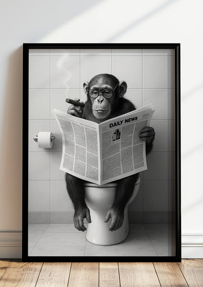 Gerahmter Kunstdruck eines Affen auf Toilette, der Zeitung liest – humorvolle Wanddeko fürs Badezimmer