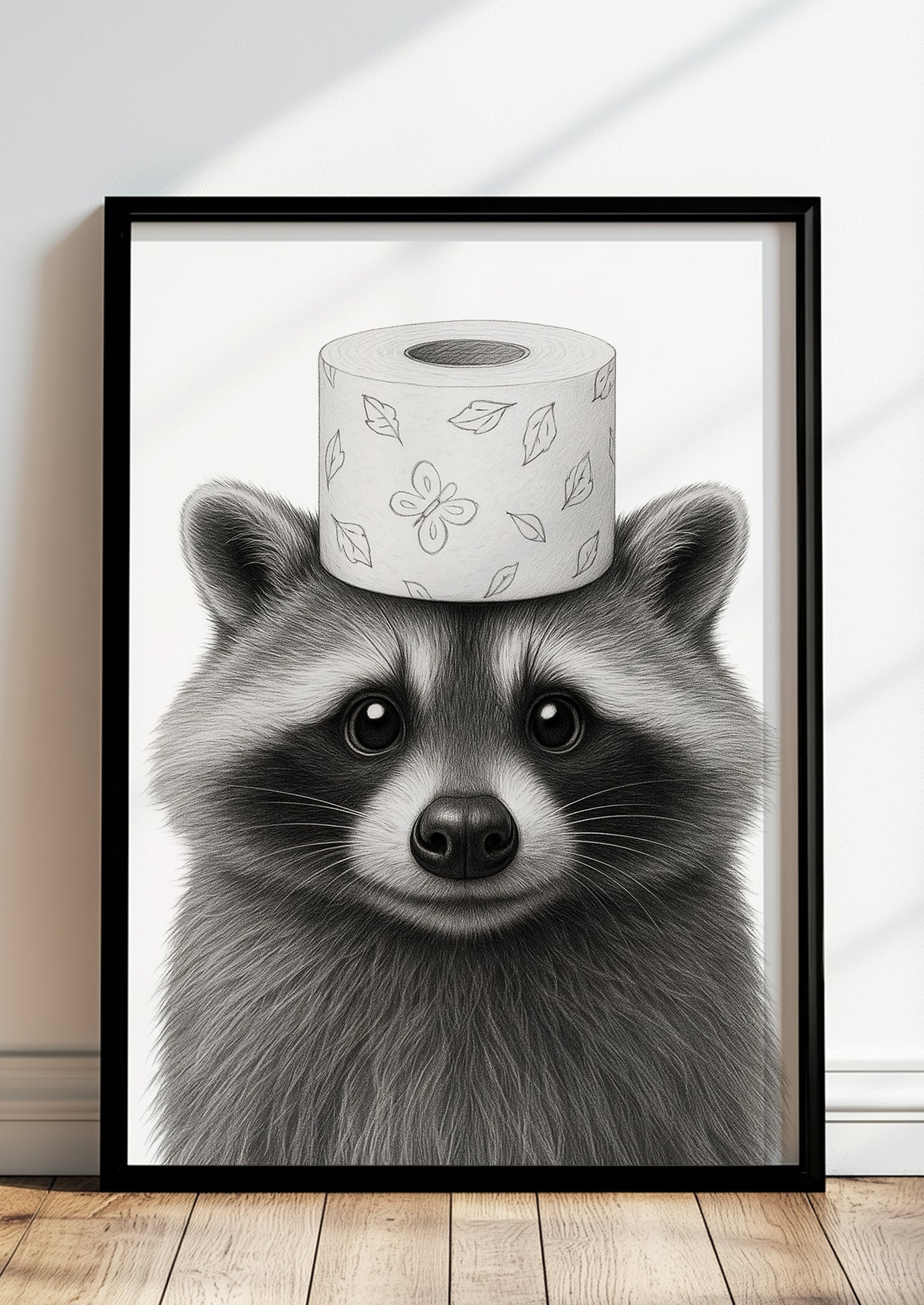 Poster im modernen Wohnzimmer gerahmt, Waschbär mit Klorolle Bild als humorvolle Wanddeko