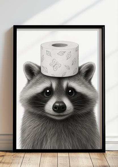 Poster im modernen Wohnzimmer gerahmt, Waschbär mit Klorolle Bild als humorvolle Wanddeko