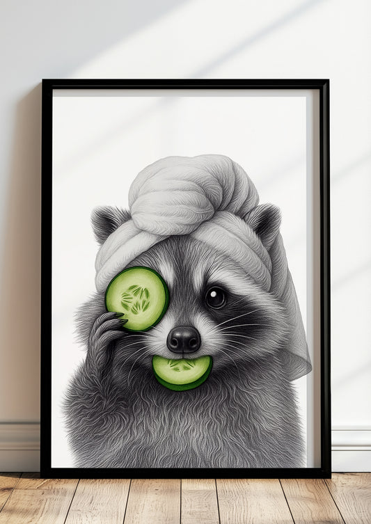 Waschbär Spa Poster im modernen Raum gerahmt, originelle Tierkunst als Wanddeko