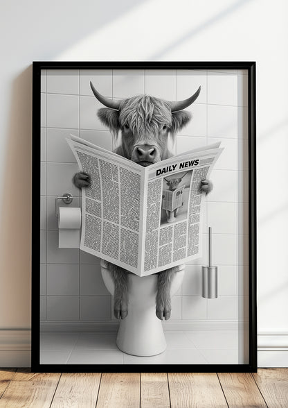 Gerahmtes Bild Hochlandrind liest Zeitung im modernen Bad