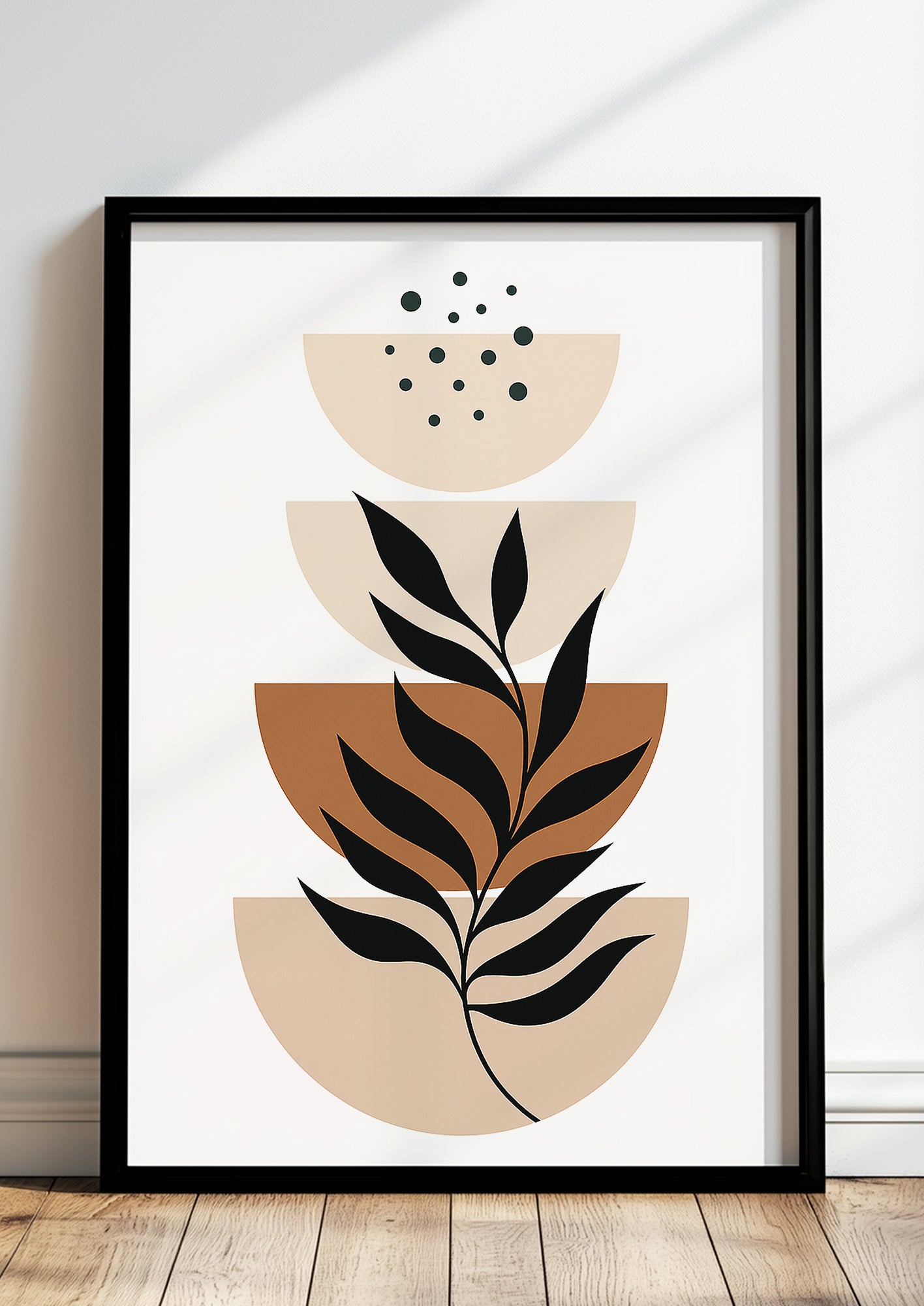 Gerahmtes Boho Poster mit geometrischen Halbkreisen & Pflanzenmotiv in Naturfarben – Wohnzimmer Deko