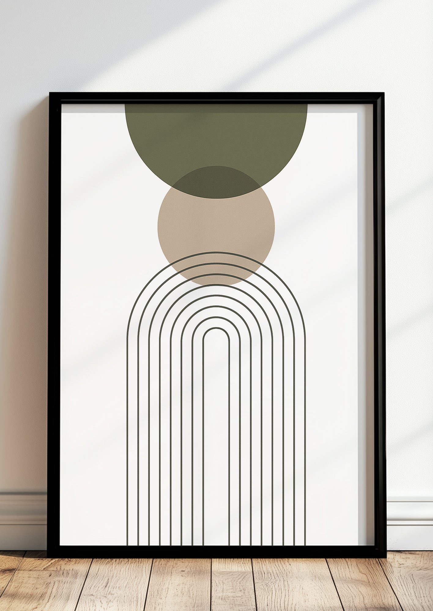 Gerahmtes Boho Kunstposter mit Kreisen & Linienbogen in Naturfarben – minimalistische Wohnzimmer Deko