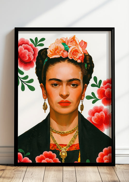 Gerahmtes Frida Kahlo Bild auf weißem Hintergrund mit Blumen im Wohnzimmer