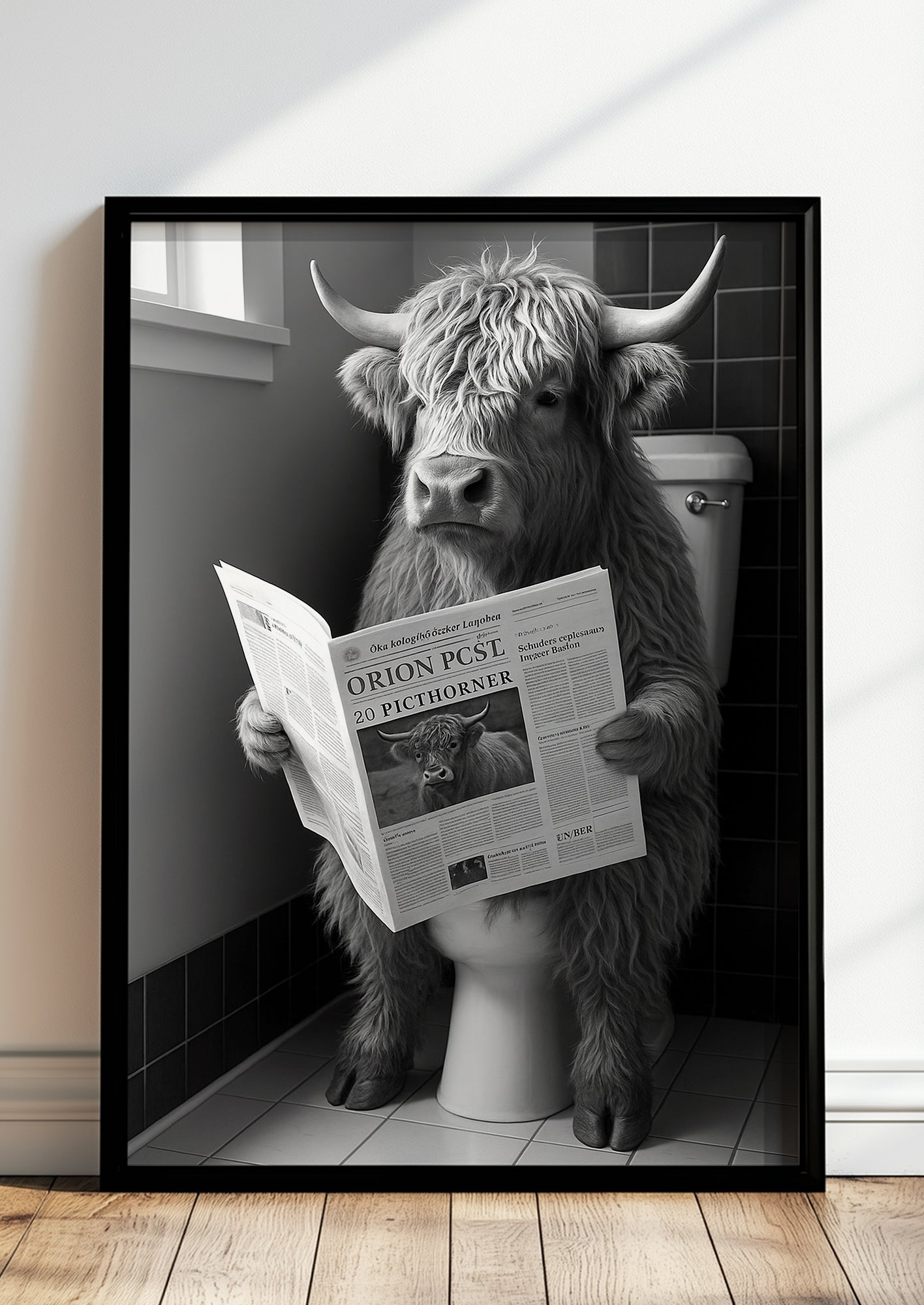 Gerahmtes Bild vom Hochlandrind auf Toilette in der Wohnung