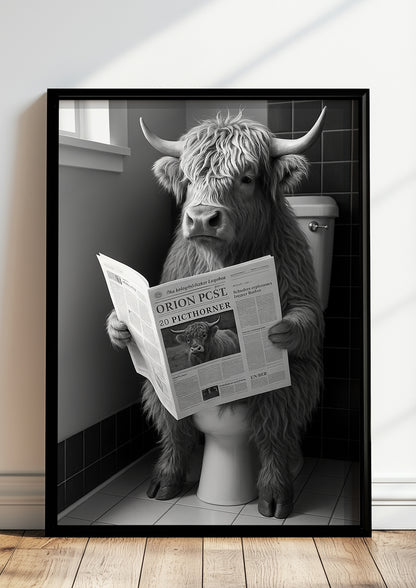 Gerahmtes Bild vom Hochlandrind auf Toilette in der Wohnung
