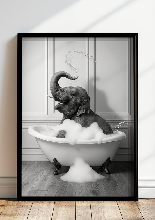 das poster mit einem elefanten in der badewanne hängt gerahmt in einem modern eingerichteten raum und sorgt für ein lächeln