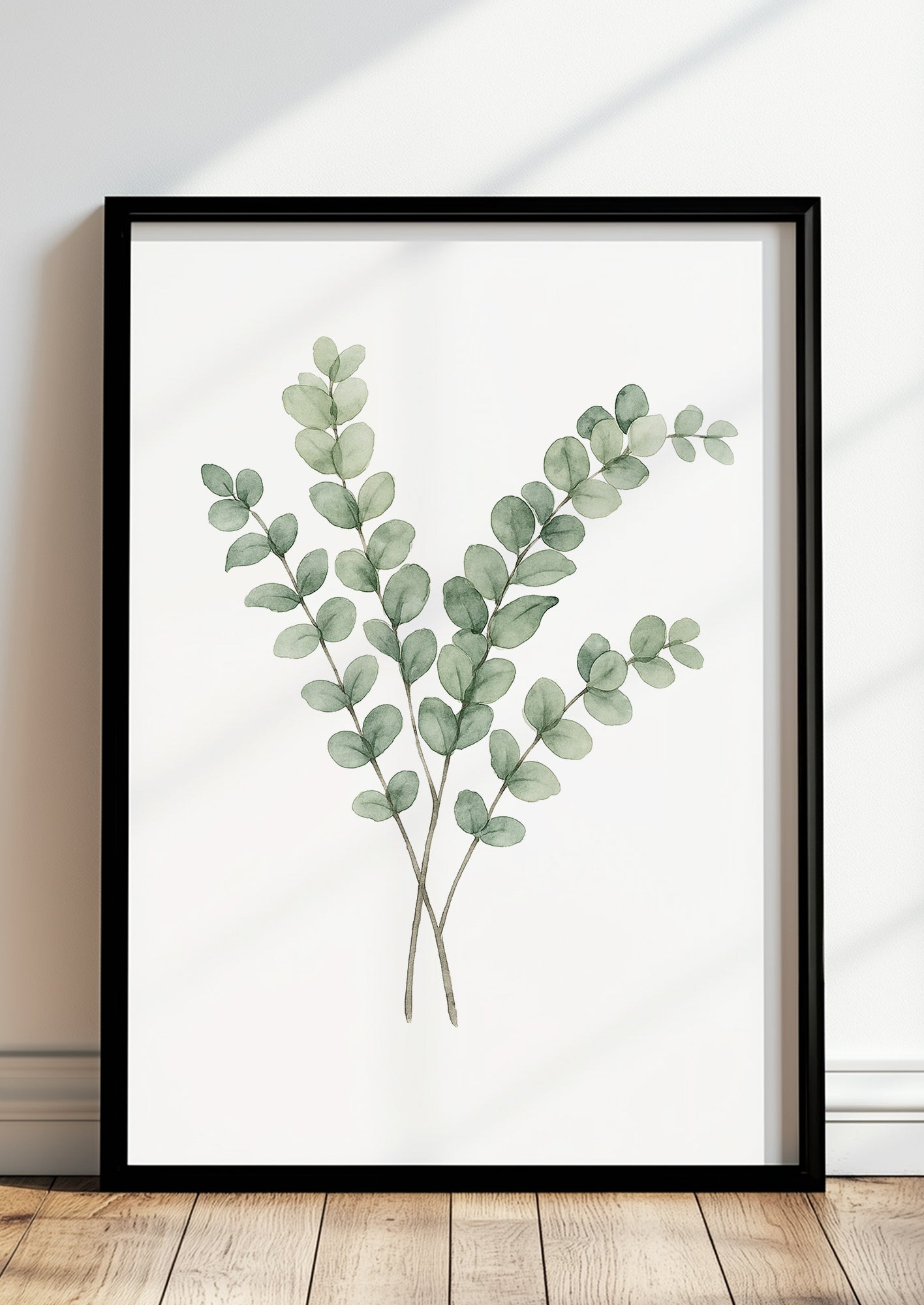 Eukalyptus Aquarell Bild gerahmt an Wohnzimmerwand