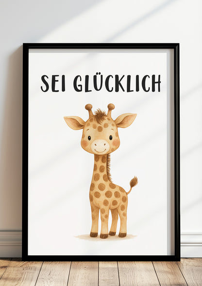 Giraffe Sei glücklich Kinder Affirmation Poster gerahmt an der Wand im modernen Kinderzimmer als freundliche Wanddeko