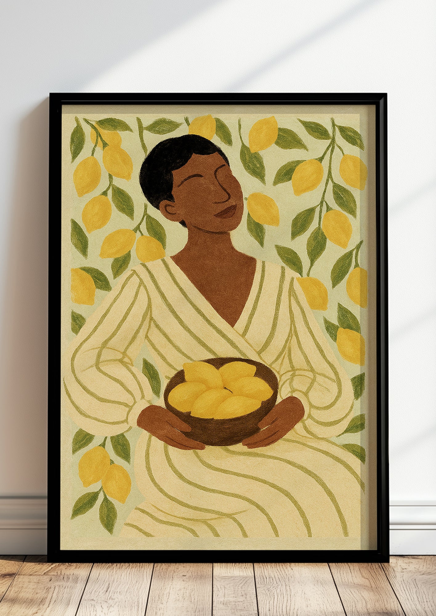 Frau mit Zitronen Bild gerahmt an der Wand im Wohnzimmer