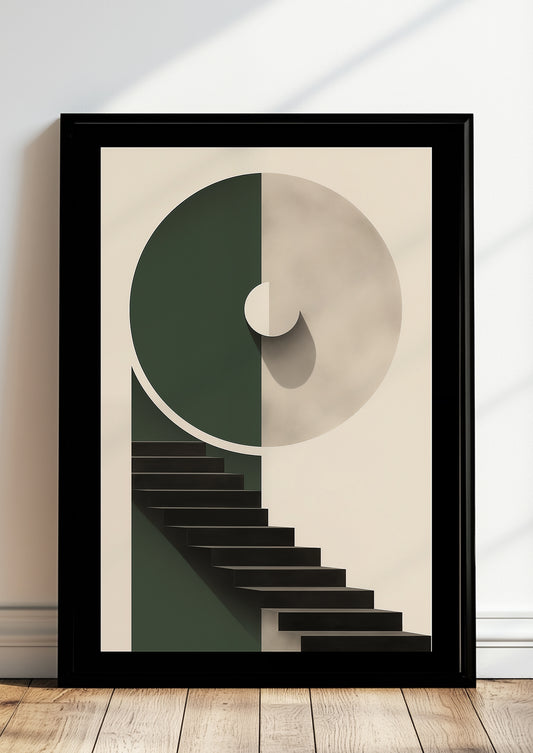 Gerahmtes Poster „BAUHAUS - Stairway - Olive Beige“ in modernem Raum.