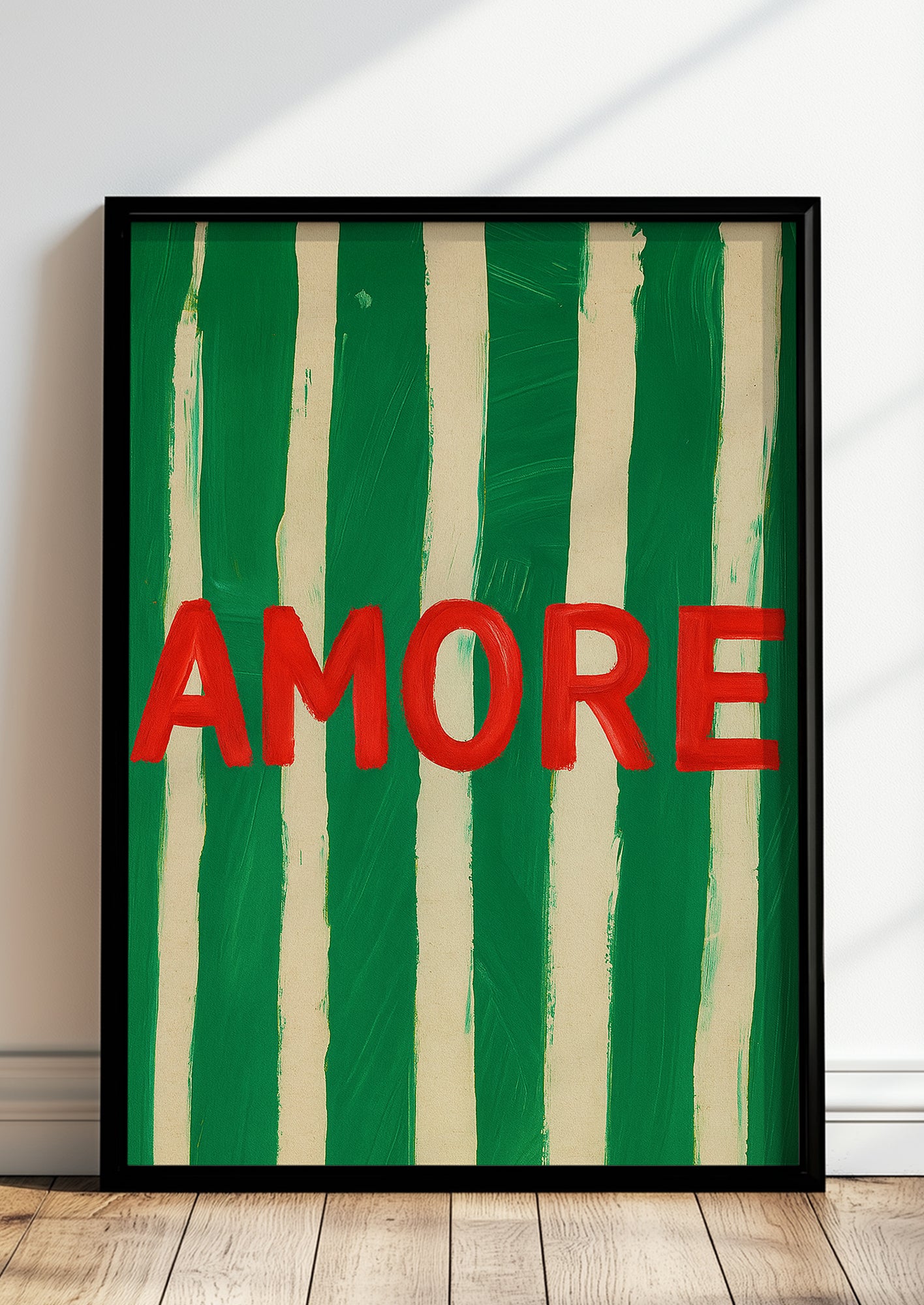 Gerahmter AMORE Kunstdruck mit grünen Streifen als Wanddeko – stylisches Kunstposter fürs Wohnzimmer