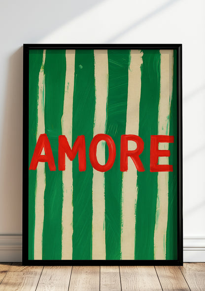 Gerahmter AMORE Kunstdruck mit grünen Streifen als Wanddeko – stylisches Kunstposter fürs Wohnzimmer