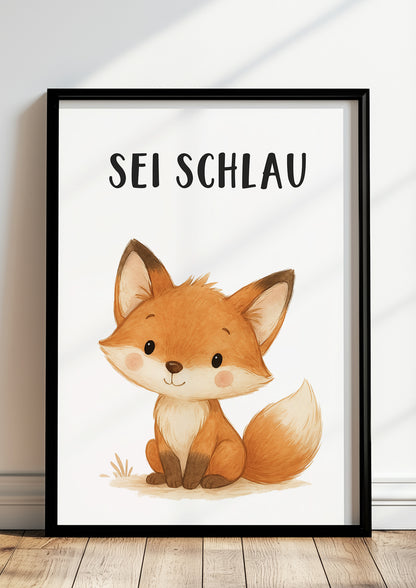Fuchs Sei schlau Kinder Affirmation Poster gerahmt an der Wand im modernen Kinderzimmer als fröhliche Wanddeko