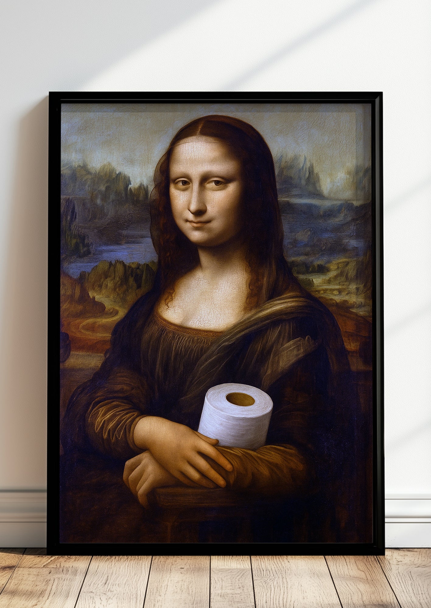 Ein modern eingerichtetes Wohnzimmer wird durch ein gerahmtes Poster der Mona Lisa mit Toilettenpapier humorvoll aufgewertet.