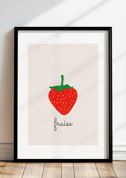 Gerahmtes Poster „Strawberry Illustration - Fraise“.