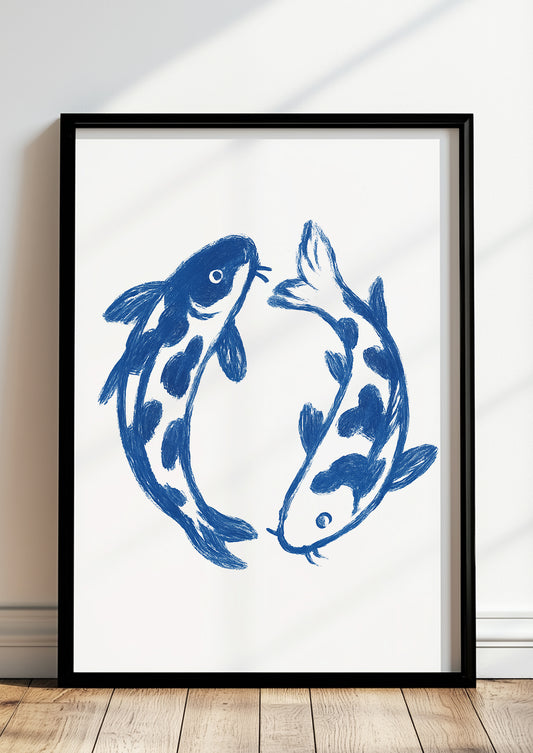 Gerahmter Kunstdruck mit blauen Koi Fischen als stilvolle Wanddeko im Line Art Stil fürs Wohnzimmer