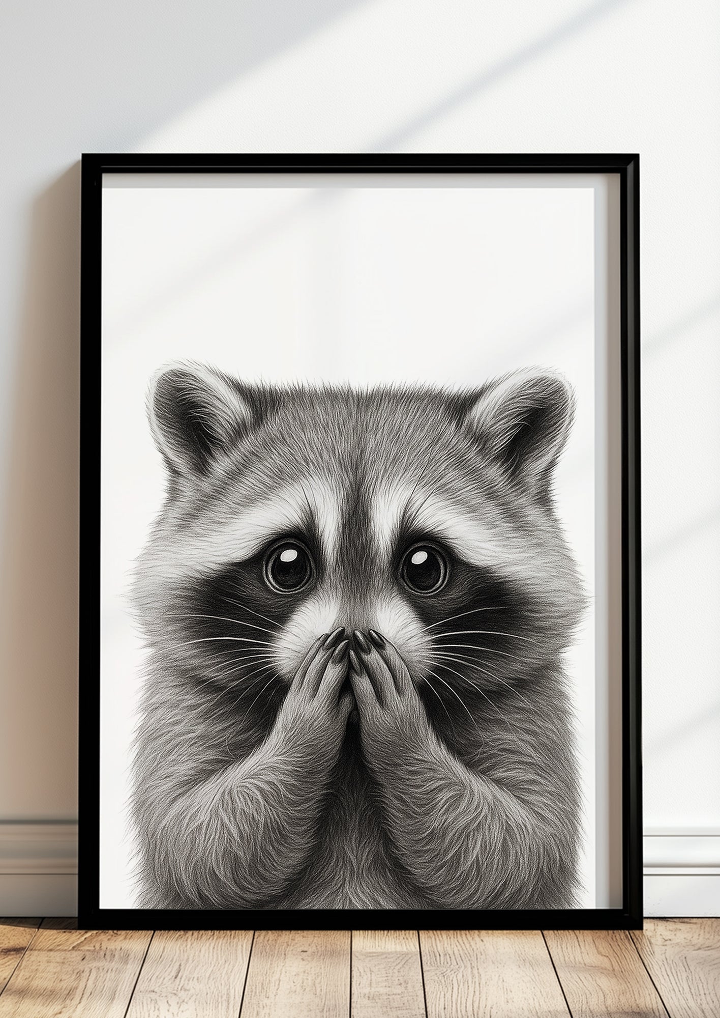 Poster im modernen Wohnzimmer gerahmt, Waschbär mit Händen vor dem Mund als witzige Wanddekoration