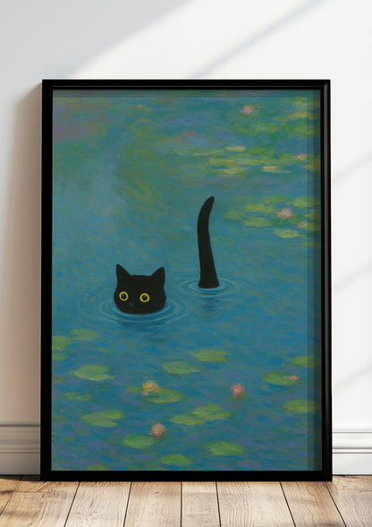 Gerahmtes Poster schwarze Katze im Monet-Stil Seerosenteich – witzige Wandkunst