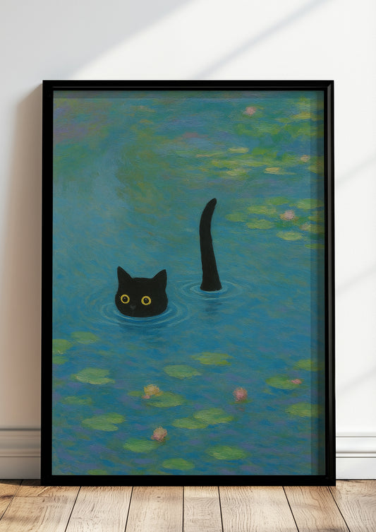 Gerahmtes Poster schwarze Katze im Monet-Stil Seerosenteich – witzige Wandkunst