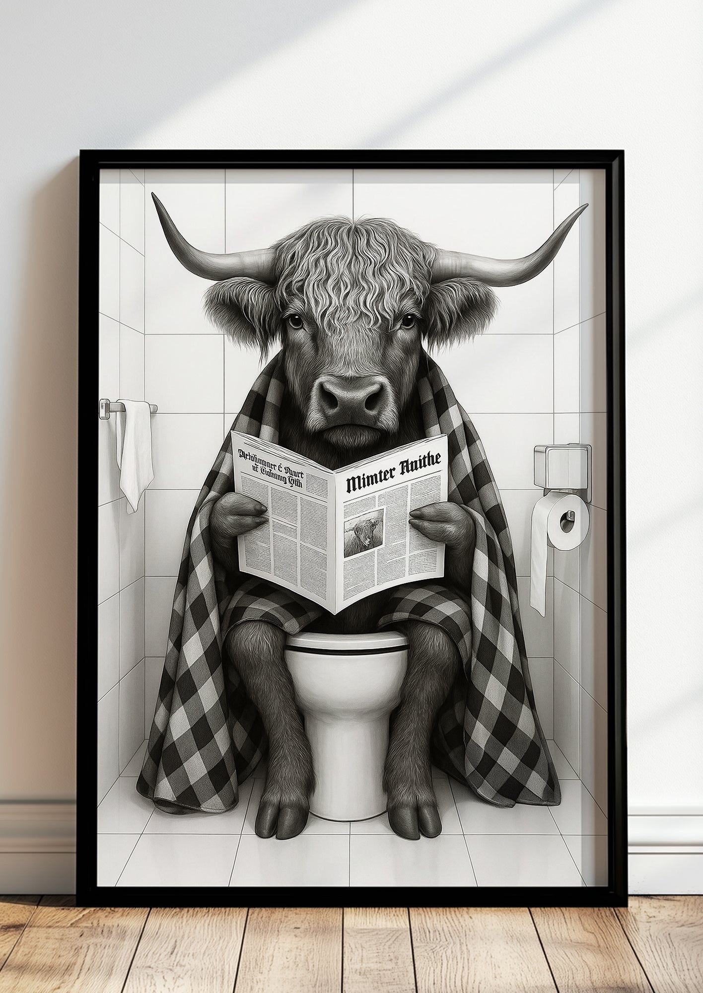 Gerahmtes Hochlandrind Bild mit Zeitung und Decke in modernem Bad