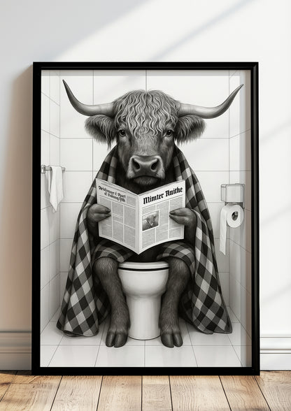Gerahmtes Hochlandrind Bild mit Zeitung und Decke in modernem Bad