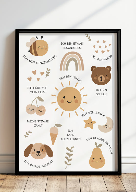 Kinder Affirmationen Bild in einem modernen Kinderzimmer an der Wand dekoriert