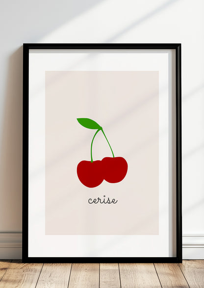 Kunstposter „Cherry Illustration - Cerise“ gerahmt in moderner Umgebung.