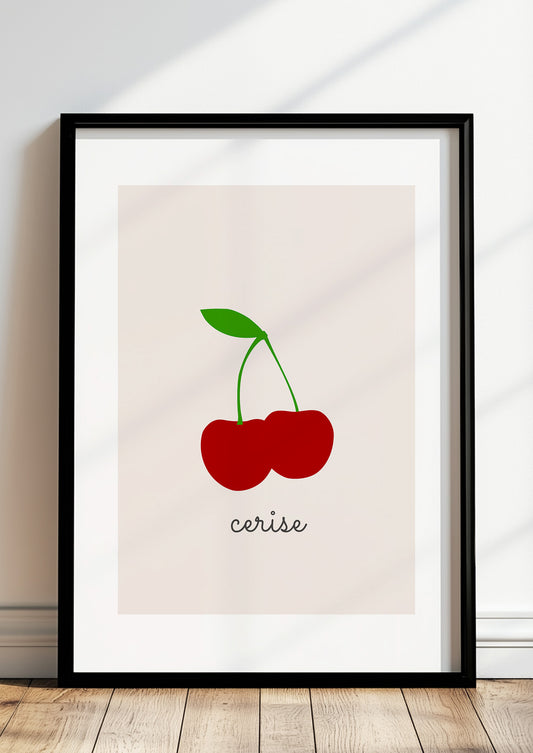 Kunstposter „Cherry Illustration - Cerise“ gerahmt in moderner Umgebung.