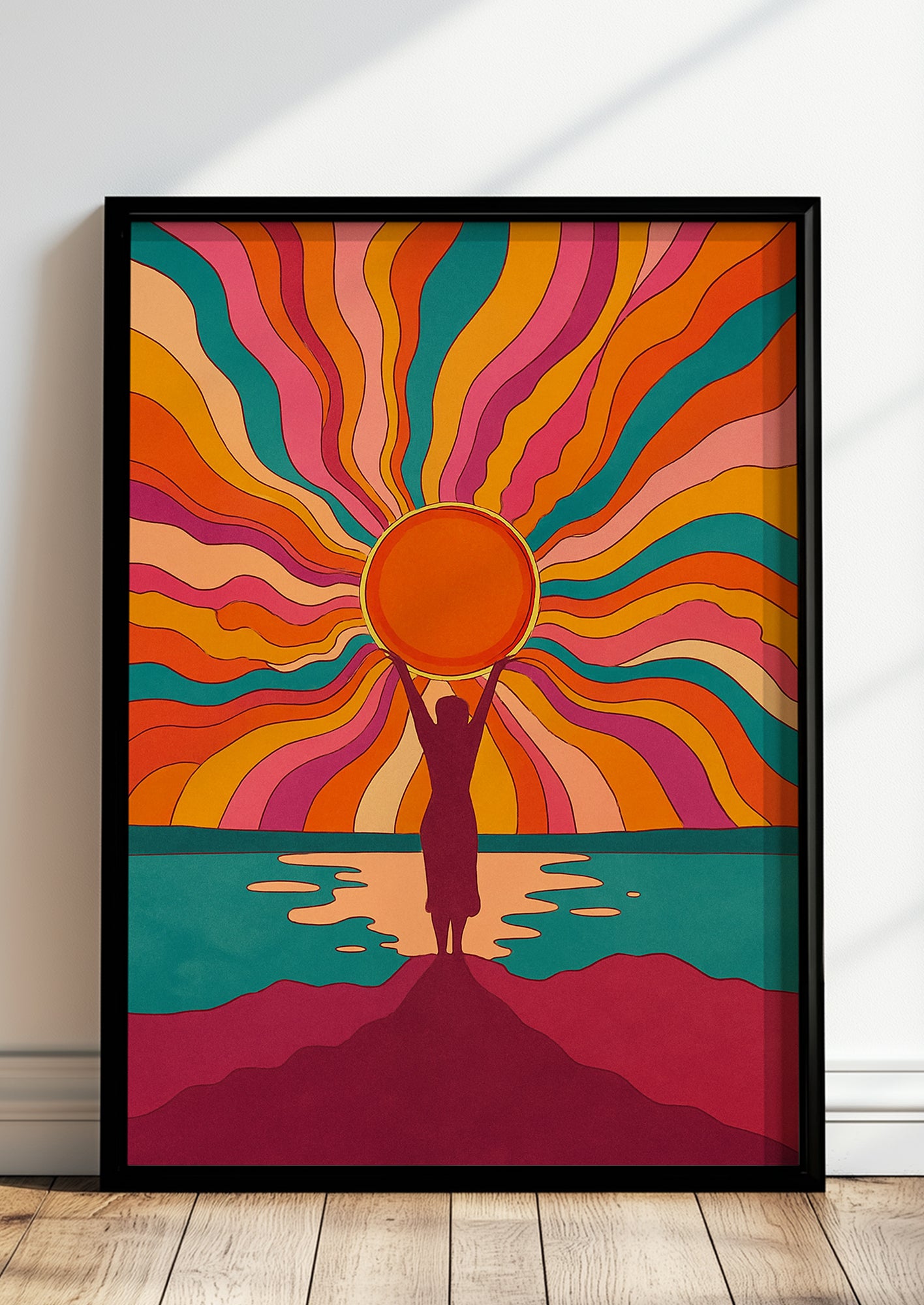 Gerahmtes Wandbild Hippie color sunset mit Frau und Sonne in der Wohnung