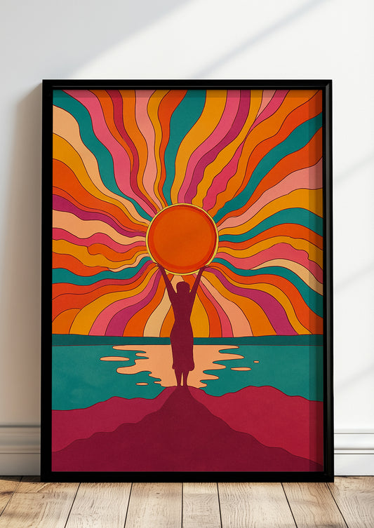 Gerahmtes Wandbild Hippie color sunset mit Frau und Sonne in der Wohnung