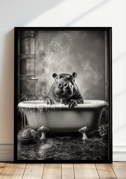 gerahmt in modernem raum Wohnzimmer Poster mit Nilpferd in Badewanne in modernem Interieur