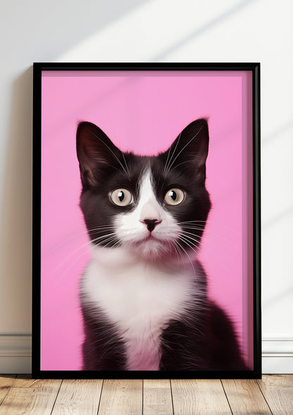 Gerahmtes Poster „Cat On Pink Background“.