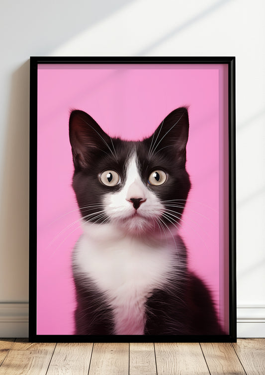Gerahmtes Poster „Cat On Pink Background“.